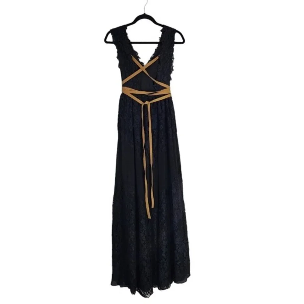 FREE PEOPLE Princapesa Black‎ Lace Open Back Maxi Gown Dress Size 2